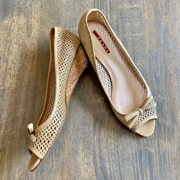 Prada Bow Peep Toe Cork Wedges - Picture 3 of 8